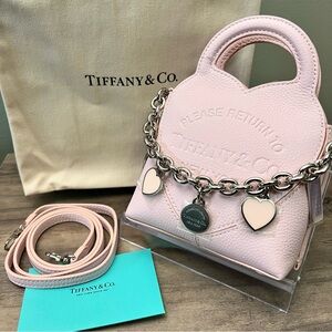 Authentic Tiffany & Co. Soft Pink Leather Mini Bag with Heart Charm Chain